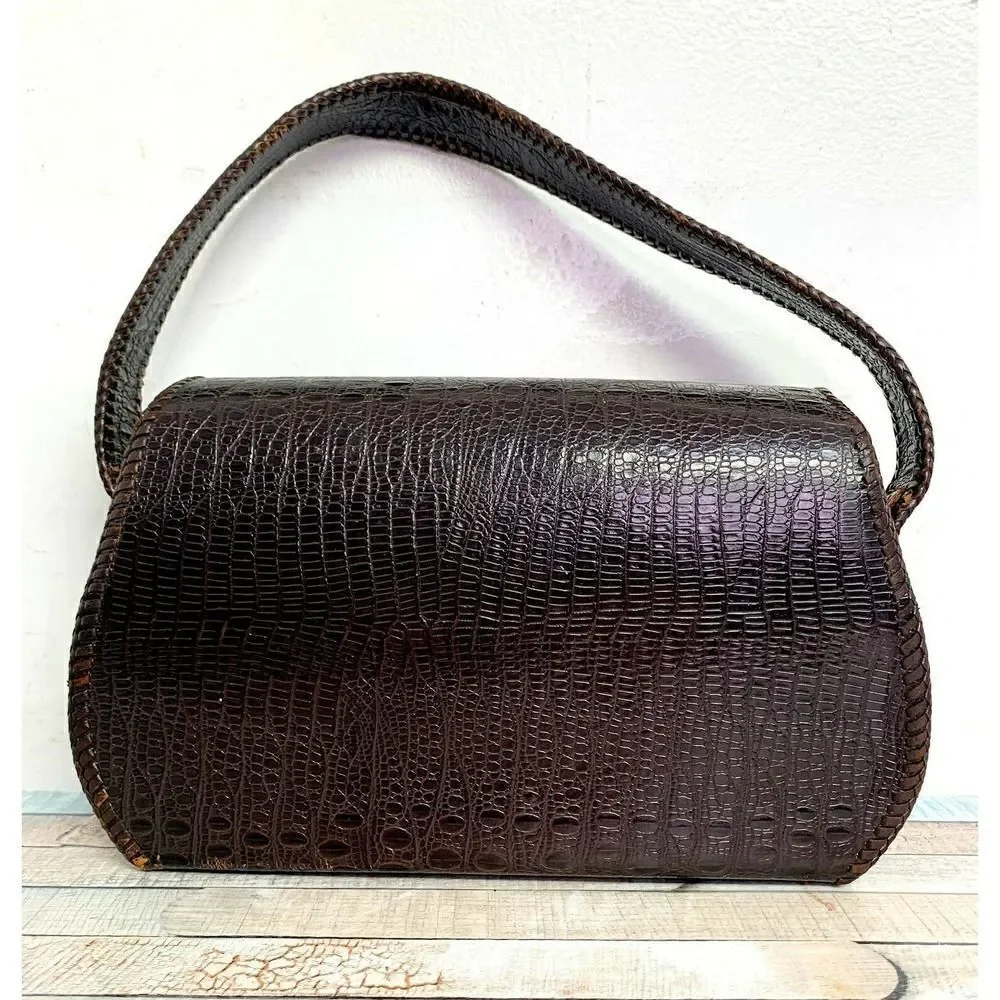 TRUE VINTAGE CROCO BROWN GENUINE LEATHER FLAP TURN LOCK HANDBAG PURSE POCKETBOOK